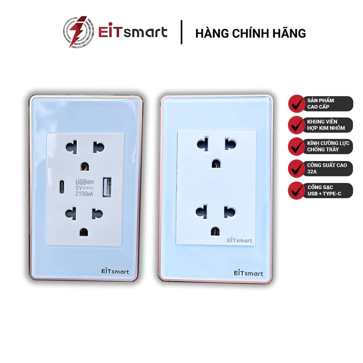 Ổ cắm đôi 3 chấu EITsmart Mặt kính chống trầy Viền nhôm - Image 4