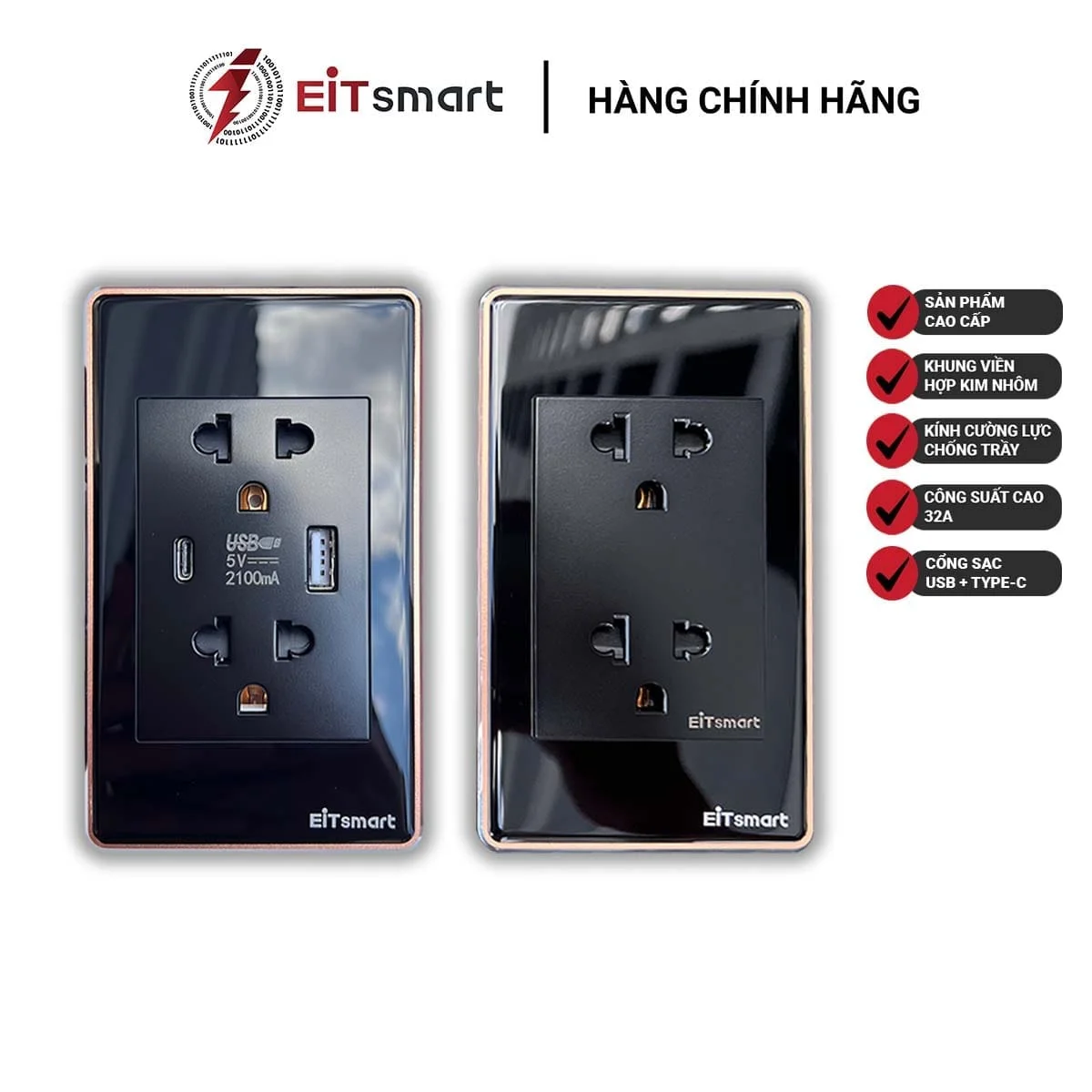Ổ cắm đôi 3 chấu EITsmart Mặt kính chống trầy Viền nhôm - Image 3
