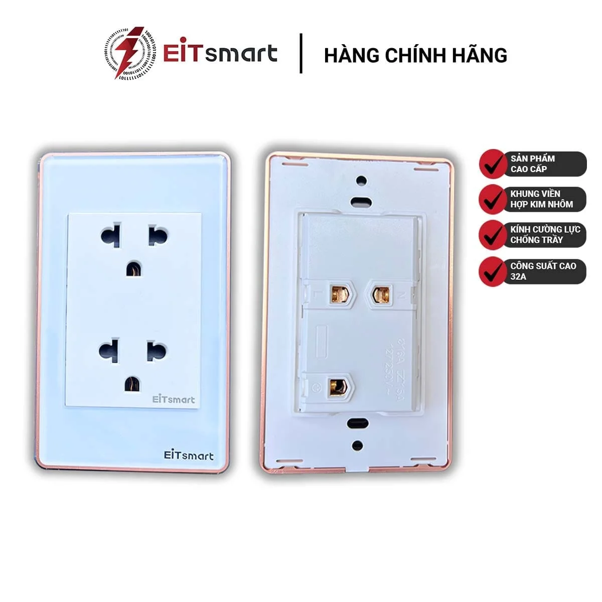 Ổ cắm đôi 3 chấu EITsmart Mặt kính chống trầy Viền nhôm - Image 2