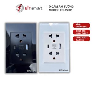 Ổ cắm 3 chấu có sạc USB Type-C EITsmart Mặt kính tràn viền