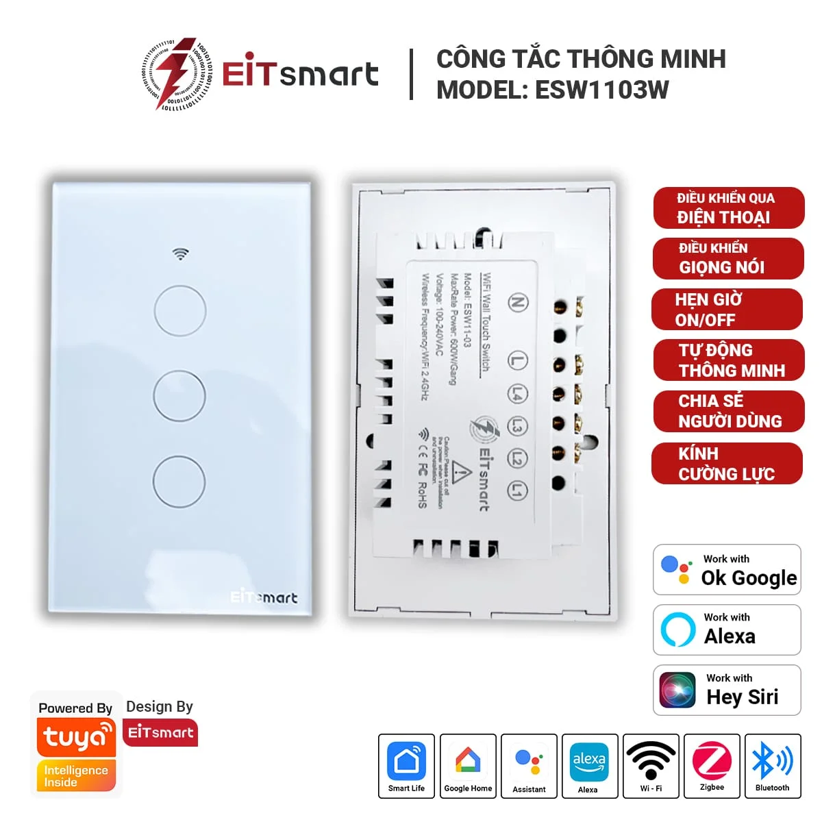 Công tắc thông minh WiFi 3 nút EITsmart Mặt kính tràn viền - Image 3
