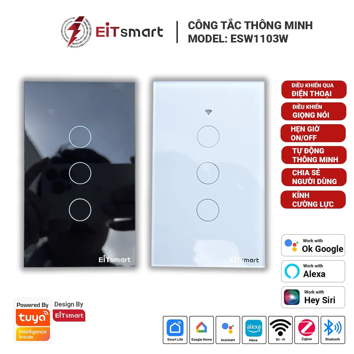 Công tắc thông minh WiFi 3 nút EITsmart Mặt kính tràn viền
