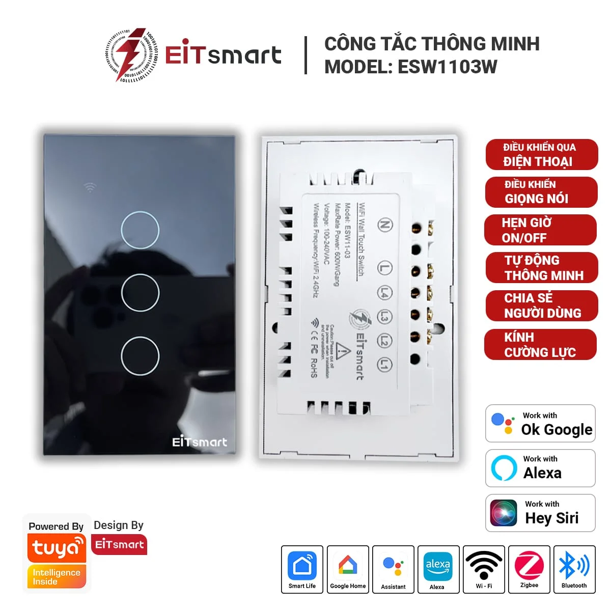 Công tắc thông minh WiFi 3 nút EITsmart Mặt kính tràn viền - Image 2