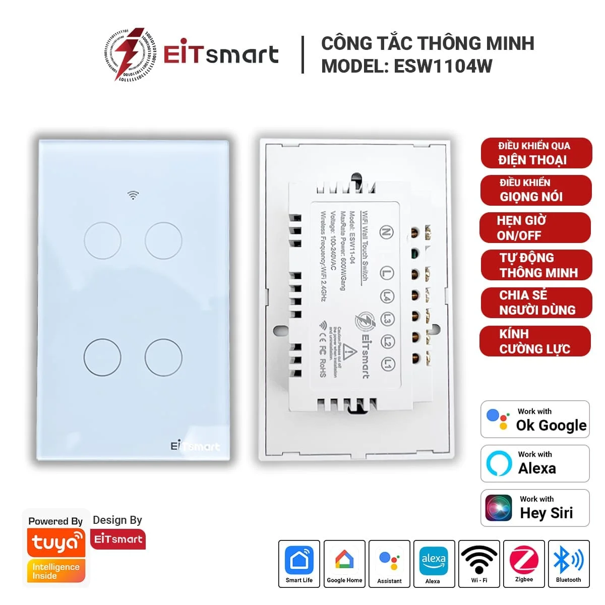 Công tắc thông minh WiFi 4 nút EITsmart Mặt kính tràn viền - Image 3
