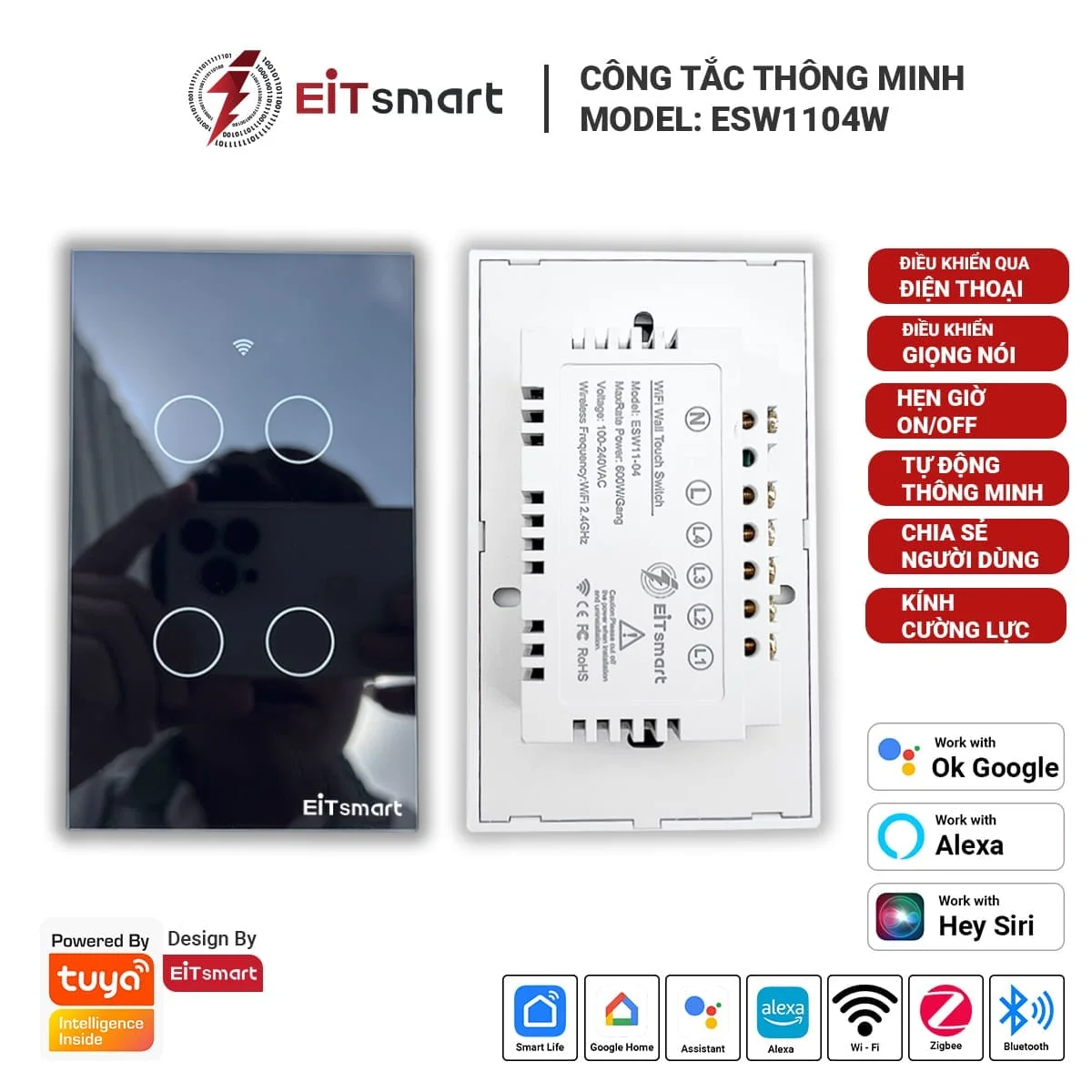 Công tắc thông minh WiFi 4 nút EITsmart Mặt kính tràn viền - Image 2