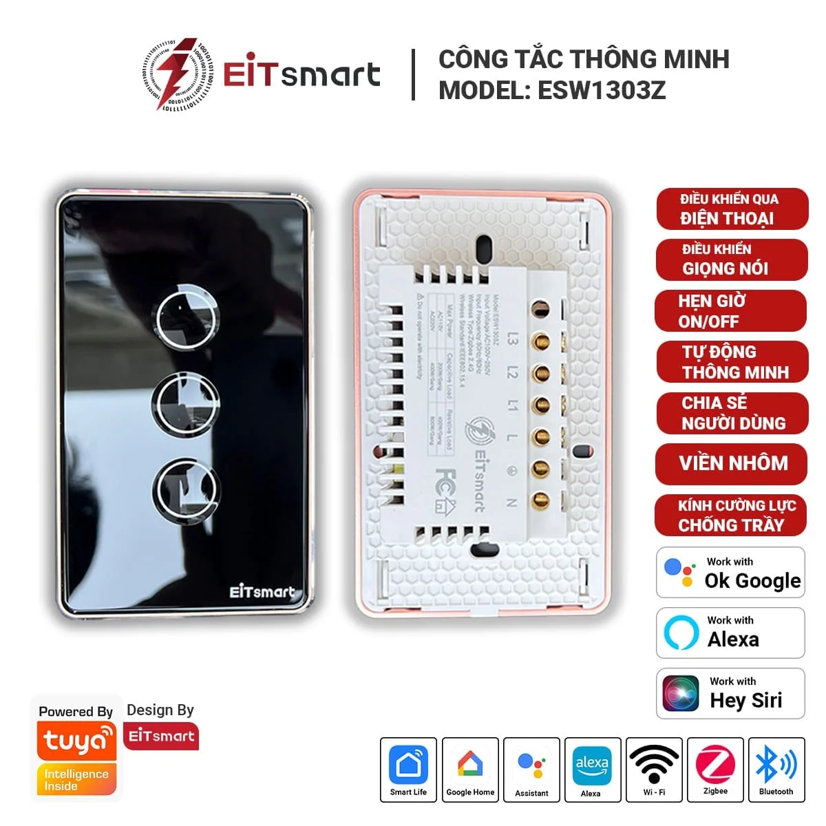 Công tắc thông minh 3 nút EITsmart Mặt kính lõm Chống trầy - Image 2