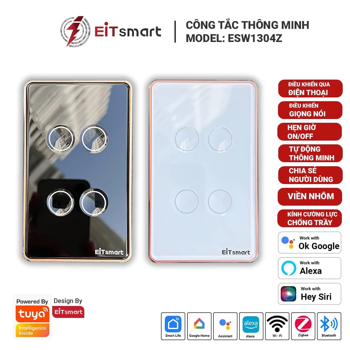 Công tắc thông minh 4 nút EITsmart kính lõm