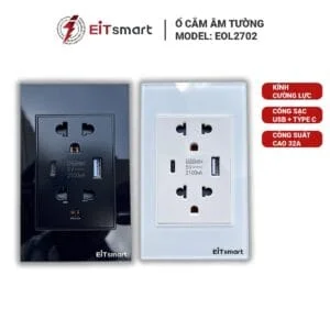 Ổ cắm điện đôi có cổng sạc USB Type C mặt kính tràn viền EOL2702
